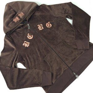 BCBG MAXAZRIA BROWN VELVET VELOUR EMBROIDERED HOODED SWEATER WOMEN'S SIZE LARGE